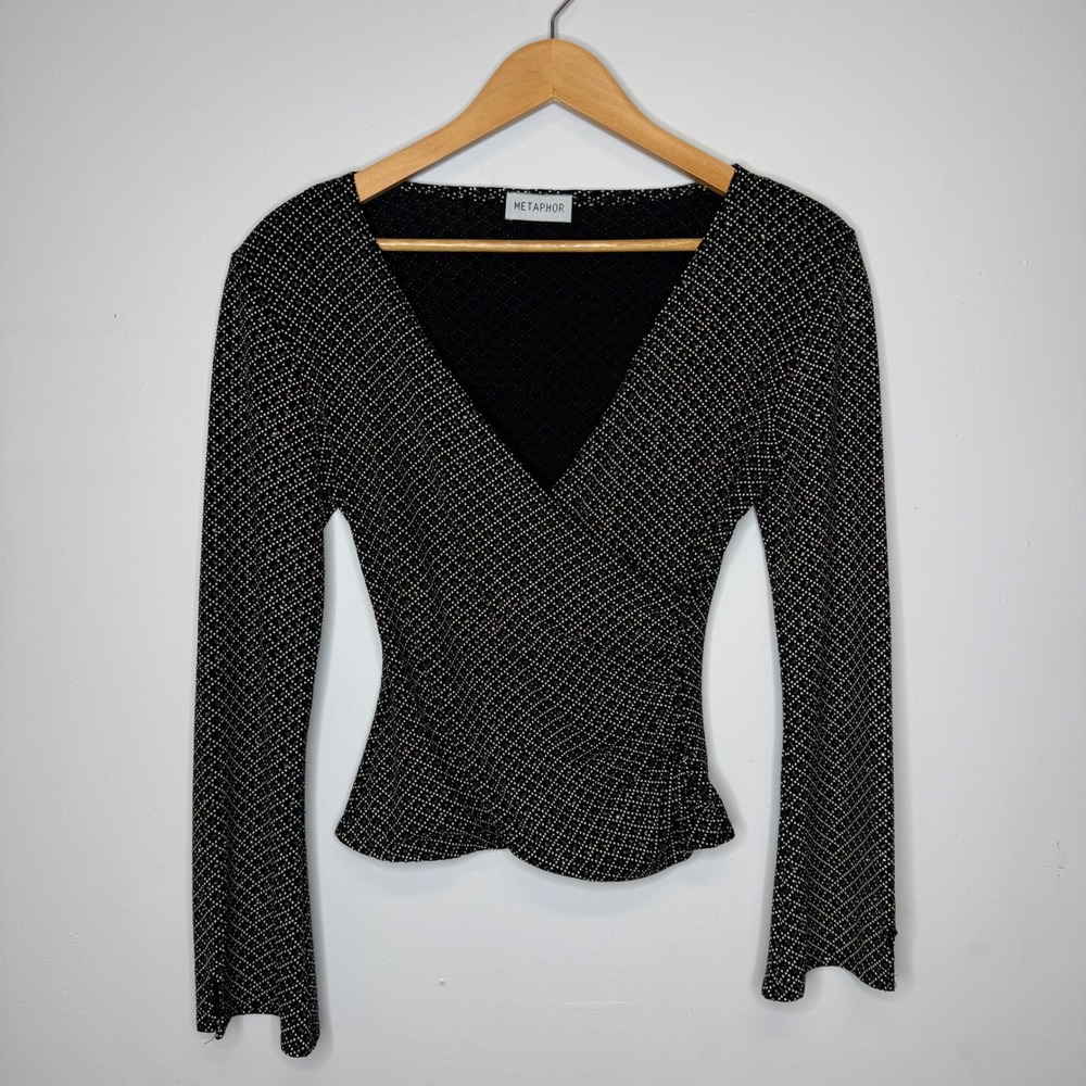 Metaphor Black Glitter Geometric Wrap Top V-Neck Long Sleeve Y2K Shoulder Pads